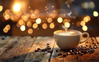 AI generated A warm, inviting cup of coffee emits steam on a rustic wooden table amidst scattered coffee beans, with a bokeh light backdrop photo