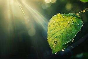 AI generated A close-up of a green leaf with water droplets under sunlight, highlighting the intricate patterns and fresh appearance of the foliage photo