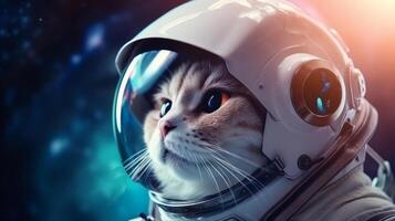 AI generated A cat in an astronaut helmet gazes into space, with cosmic backgrounds of stars and nebulae. The image displays a creative blend of sci-fi and pet themes photo