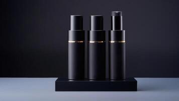 AI generated Black skin care products on a dark round podium stand with copy space and place for text, mockup, template, on a black to gray gradient background photo