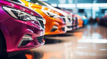 ai generado un de cerca ver de un brillante rojo coche en un sala de exposición con otro vehículos en el antecedentes. el atención es en el frente faro y reja zona foto