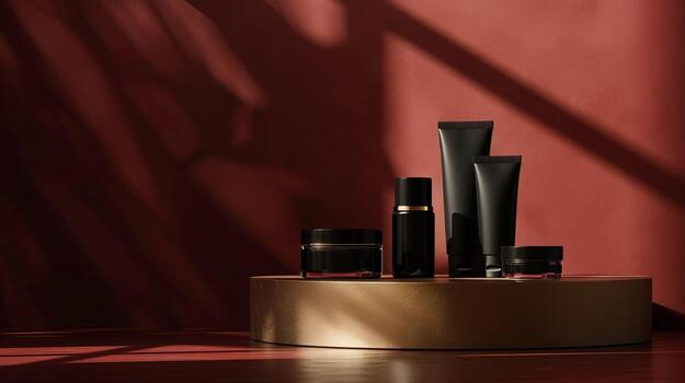 AI generated Black beauty products on a circular pedestal against a red backdrop with dramatic light and shadow play. Mockup, template photo