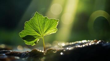 AI generated A young plant with heart-shaped leaves glistens under the sun, symbolizing hope and renewal, with dew drops highlighting its fresh growth photo