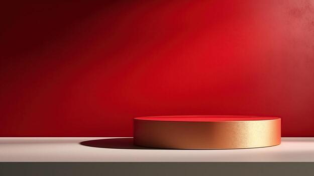 AI generated A simplistic, elegant product display featuring a golden cylindrical podium against a vibrant red background with a white foreground. Ideal for cosmetic branding photo