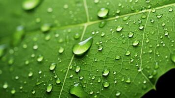 AI generated A close-up of a green leaf with water droplets under sunlight, highlighting the intricate patterns and fresh appearance of the foliage photo