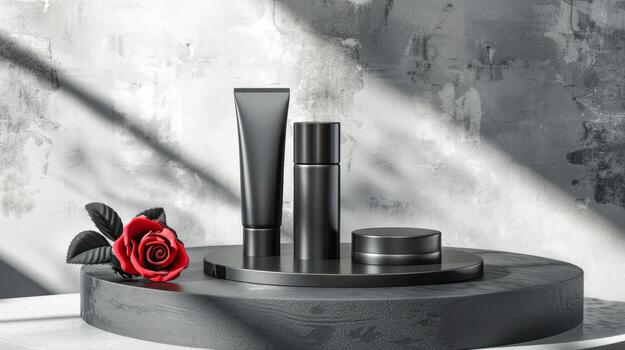 AI generated A collection of unbranded black beauty product packaging on a circular platform with a textured dark background illuminated by a slanted light beam, stand with copy space for text photo