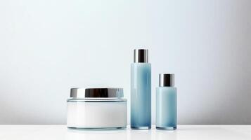 AI generated A trio of sleek cosmetic bottles with a minimalist design on a muted backdrop, perfect for branding photo
