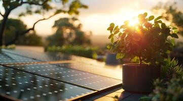 AI generated An eco-friendly modern house with large solar panels on the roof during dusk, showcasing sustainable living and energy efficiency photo