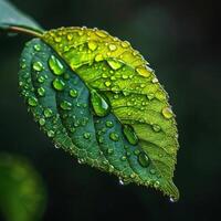 AI generated A close-up of a green leaf with water droplets under sunlight, highlighting the intricate patterns and fresh appearance of the foliage photo