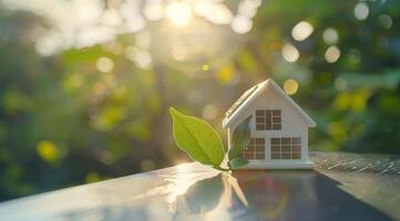 AI generated A model house with a green leaf on the roof is placed next to solar panels with a bright, sunlit background, symbolizing eco-friendly energy solutions for smart homes photo