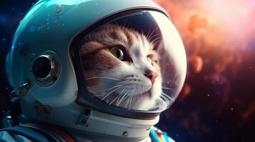 AI generated A cat in an astronaut helmet gazes into space, with cosmic backgrounds of stars and nebulae. The image displays a creative blend of sci-fi and pet themes photo