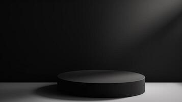 AI generated A black circular podium on a dark background with a spotlight. Ideal for product display, especially for showcasing cosmetic designs photo