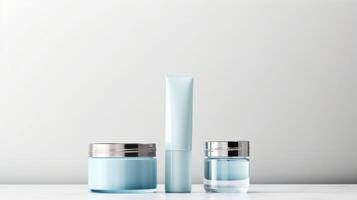 AI generated A trio of sleek cosmetic bottles with a minimalist design on a muted backdrop, perfect for branding photo