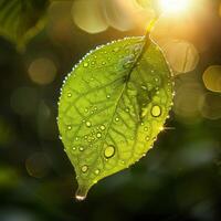 AI generated A close-up of a green leaf with water droplets under sunlight, highlighting the intricate patterns and fresh appearance of the foliage photo