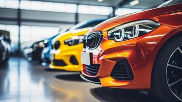 ai generado un de cerca ver de un brillante rojo coche en un sala de exposición con otro vehículos en el antecedentes. el atención es en el frente faro y reja zona foto