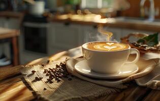 AI generated A steaming cup of coffee with latte art on a saucer decorated with coffee beans, on a rustic wooden table in a cozy kitchen setting photo