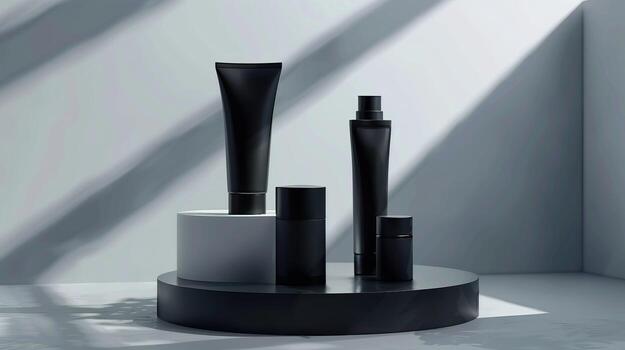 AI generated A collection of unbranded black beauty product packaging on a circular platform with a textured dark background illuminated by a slanted light beam, stand with copy space for text photo