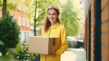 ai generado un sonriente hembra entrega trabajador en un amarillo uniforme sostiene un parcela, Listo a entregar él. verde follaje y urbano apartamentos en el antecedentes crear un simpático atmósfera foto