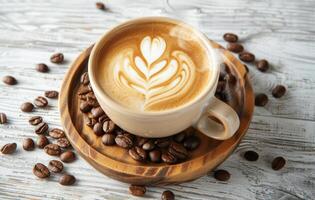 AI generated A top-down view of a cup of latte with artistic foam, surrounded by coffee beans on a wooden tray and white textured surface photo