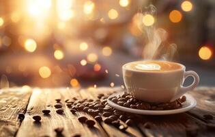 AI generated A warm, inviting cup of coffee emits steam on a rustic wooden table amidst scattered coffee beans, with a bokeh light backdrop photo