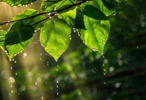 AI generated Sunlight filters through green leaves dotted with water droplets, casting rays of light in a tranquil forest scene photo