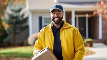 ai generado un alegre entrega hombre en un amarillo uniforme con un gorra sonrisas, participación un paquete, Listo a hacer un peldaño entrega en un residencial zona foto