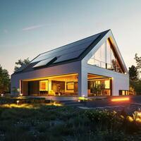 AI generated An eco-friendly modern house with large solar panels on the roof during dusk, showcasing sustainable living and energy efficiency photo