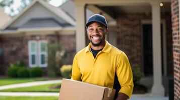 AI generated A cheerful delivery man in a yellow uniform with a cap smiles, holding a package, ready to make a doorstep delivery in a residential area photo