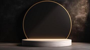 AI generated A modern round podium with golden edges on a dark textured background, ideal for showcasing cosmetic products photo