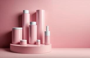 AI generated Various sized blank pink beauty product containers on a circular pedestal against a matching pink backdrop photo