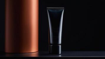 AI generated Black skin care products on a dark round podium stand with copy space and place for text, mockup, template, on a black to gray gradient background photo