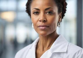 AI generated Middle aged African American woman doctor in hospital, white colors photo