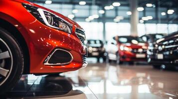 AI generated A close-up view of a shiny red car in a showroom with other vehicles in the background. The focus is on the front headlight and grille area photo