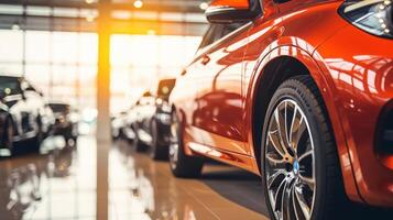 ai generado un de cerca ver de un brillante rojo coche en un sala de exposición con otro vehículos en el antecedentes. el atención es en el frente faro y reja zona foto