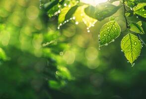 AI generated Sunlight filters through green leaves dotted with water droplets, casting rays of light in a tranquil forest scene photo