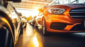 ai generado un póngase en fila de vistoso lujo carros en un espectáculo habitación, exhibiendo un prominente amarillo coche en frente con un atención en el faro y reja foto