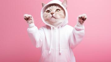 AI generated Fashion-forward cat in sunglasses and hoodie strikes a playful pose on a pink background, with ample space for your text photo