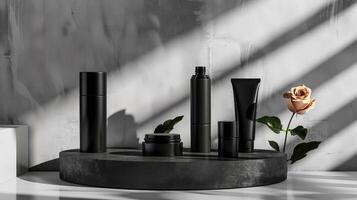 AI generated A collection of unbranded black beauty product packaging on a circular platform with a textured dark background illuminated by a slanted light beam, stand with copy space for text photo