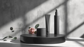 AI generated A collection of unbranded black beauty product packaging on a circular platform with a textured dark background illuminated by a slanted light beam, stand with copy space for text photo