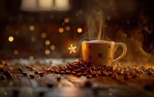 AI generated A warm, inviting cup of coffee emits steam on a rustic wooden table amidst scattered coffee beans, with a bokeh light backdrop photo