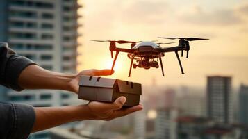 AI generated Close-up shot of a person's hands receiving a food delivery from a drone right outside their apartment window, high-rise buildings in the background, warm lighting photo