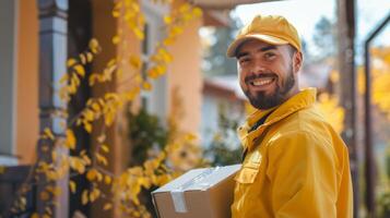 ai generado un alegre entrega hombre en un amarillo uniforme con un gorra sonrisas, participación un paquete, Listo a hacer un peldaño entrega en un residencial zona foto