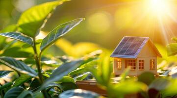 AI generated A model house with a green leaf on the roof is placed next to solar panels with a bright, sunlit background, symbolizing eco-friendly energy solutions for smart homes photo