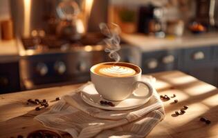 AI generated A steaming cup of coffee with latte art on a saucer decorated with coffee beans, on a rustic wooden table in a cozy kitchen setting photo