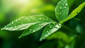 AI generated A close-up of a green leaf with water droplets under sunlight, highlighting the intricate patterns and fresh appearance of the foliage photo