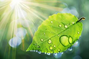 AI generated A close-up of a green leaf with water droplets under sunlight, highlighting the intricate patterns and fresh appearance of the foliage photo