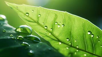 AI generated A close-up of a green leaf with water droplets under sunlight, highlighting the intricate patterns and fresh appearance of the foliage photo