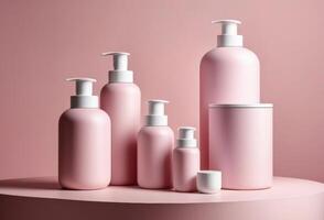 AI generated Various sized blank pink beauty product containers on a circular pedestal against a matching pink backdrop photo