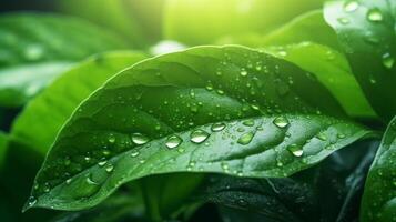 AI generated A close-up of a green leaf with water droplets under sunlight, highlighting the intricate patterns and fresh appearance of the foliage photo
