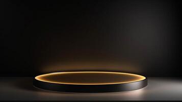 AI generated A modern round podium with golden edges on a dark textured background, ideal for showcasing cosmetic products photo